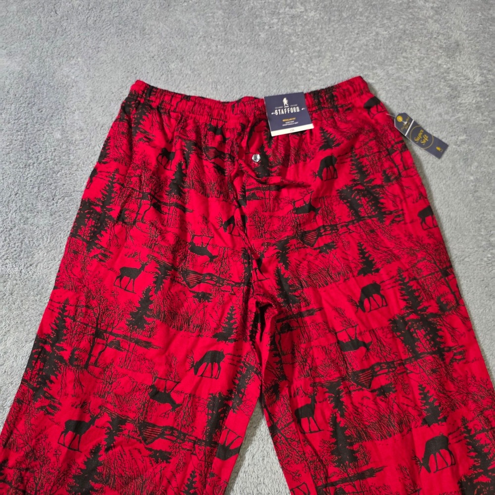 Stafford Mens Medium Sleep Pant Red Black Deer Hunting Print Cotton Regular Fit